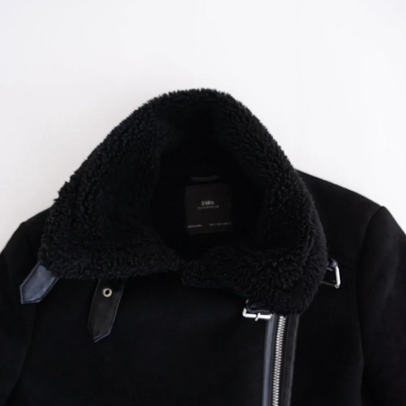 Zara Black Faux Shearling Bomber  Moto Jacket Small - Picture 14 of 16